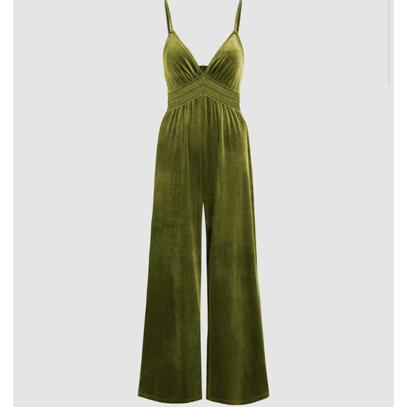 Cider Pants & Jumpsuits Cider Green Velvet Wide Leg Jumpsuit Nwt